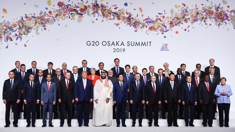 Leaders pose for a family photo at the G20 Summit in Osaka on June 28, 2019