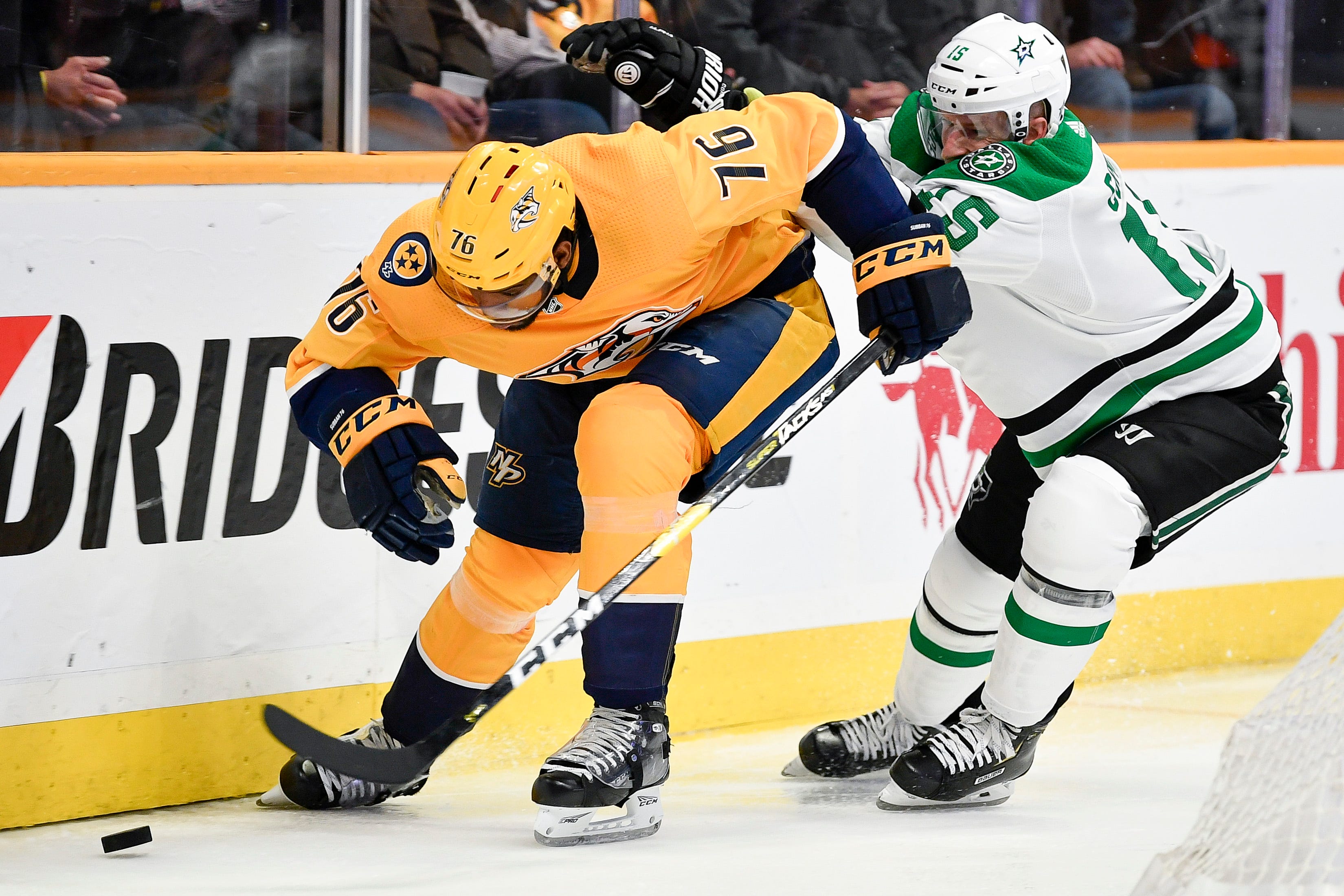 Nashville Predators defenseman P.K. Subban (76) chases the puck with Dallas Stars left wing Blake Comeau (15) during the second period at Bridgestone Arena in Nashville, Tenn., Thursday, Feb. 7, 2019.