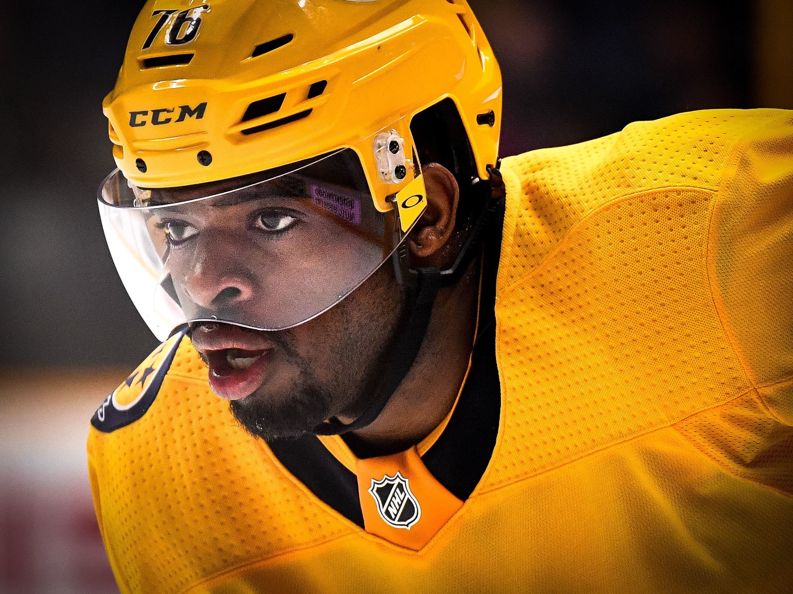 Nashville Predators defenseman P.K. Subban (76) keeps his eye on the puck during the first period against the Arizona Coyotes at Bridgestone Arena in Nashville, Tenn., Thursday, Jan. 18, 2018.