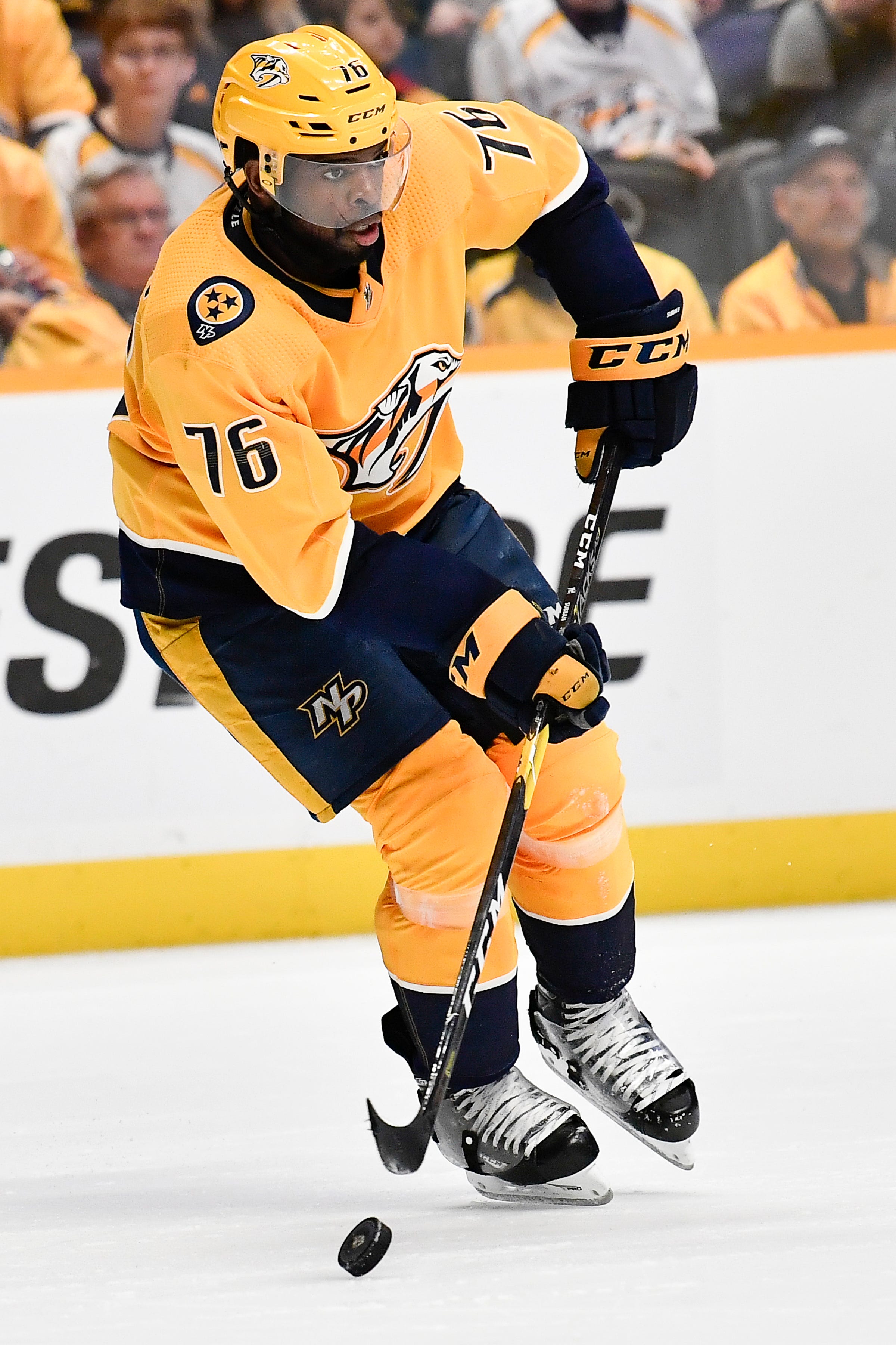 Predators defenseman P.K. Subban (76) passes the puck during the second period against the Blues at Bridgestone Arena Sunday Feb. 10, 2019 in Nashville, Tenn.