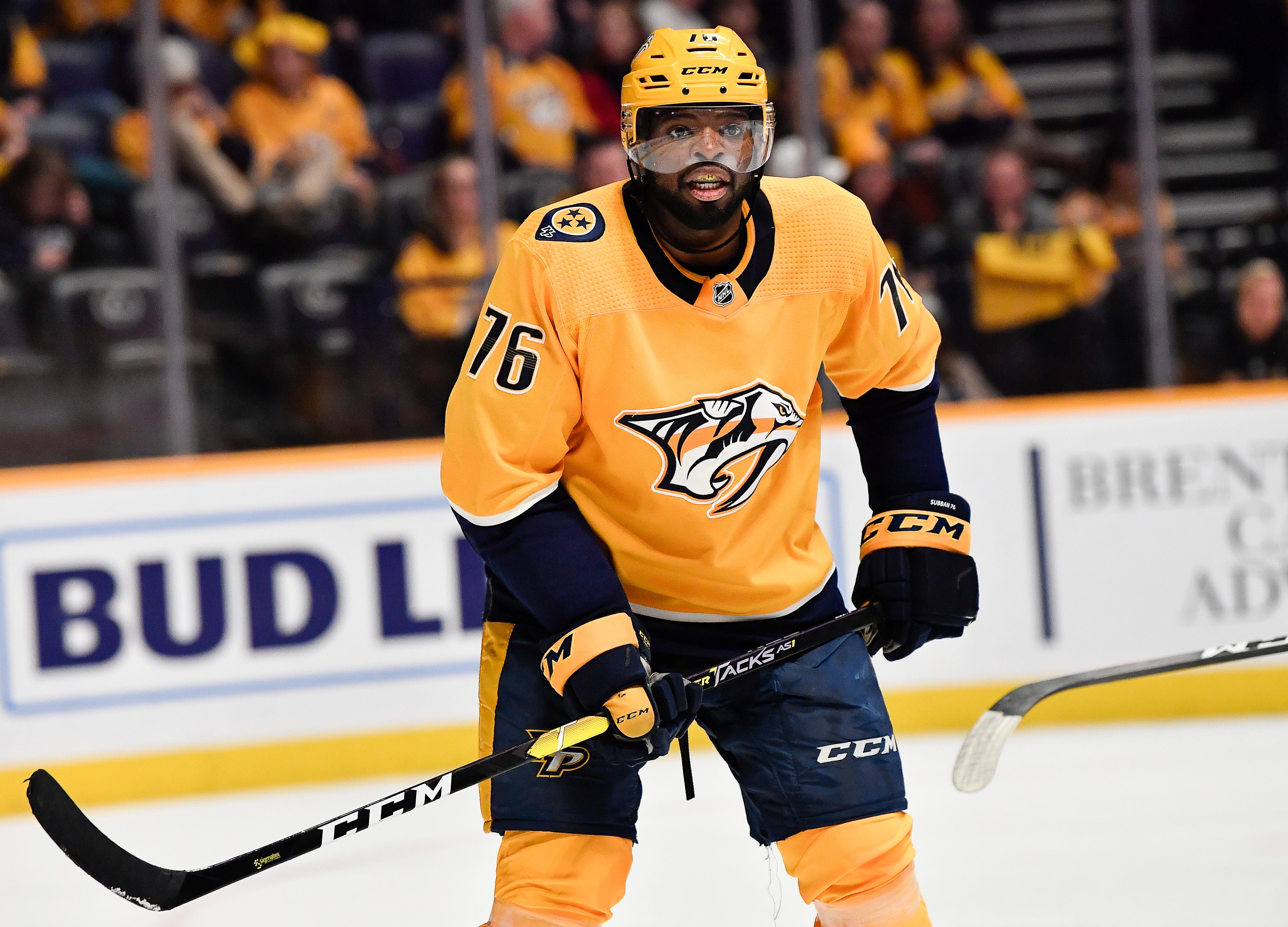 Predators defenseman P.K. Subban (76) waits for play to begin during the second period against the Blues at Bridgestone Arena Sunday Feb. 10, 2019 in Nashville, Tenn. 