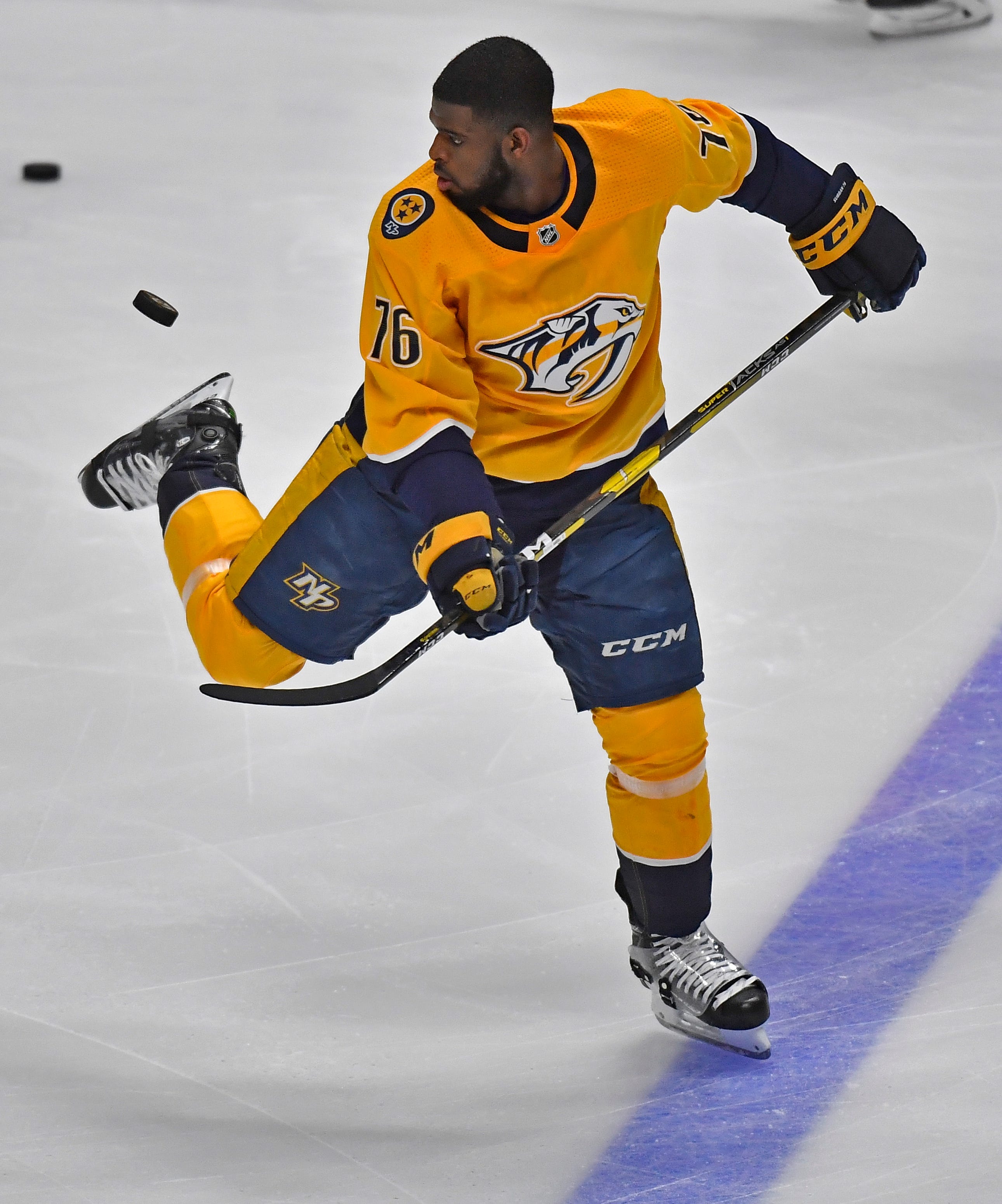 Nashville Predators defenseman P.K. Subban (76) warms up before the divisional semifinal game at Bridgestone Arena in Nashville, Tenn., Saturday, April 13, 2019.