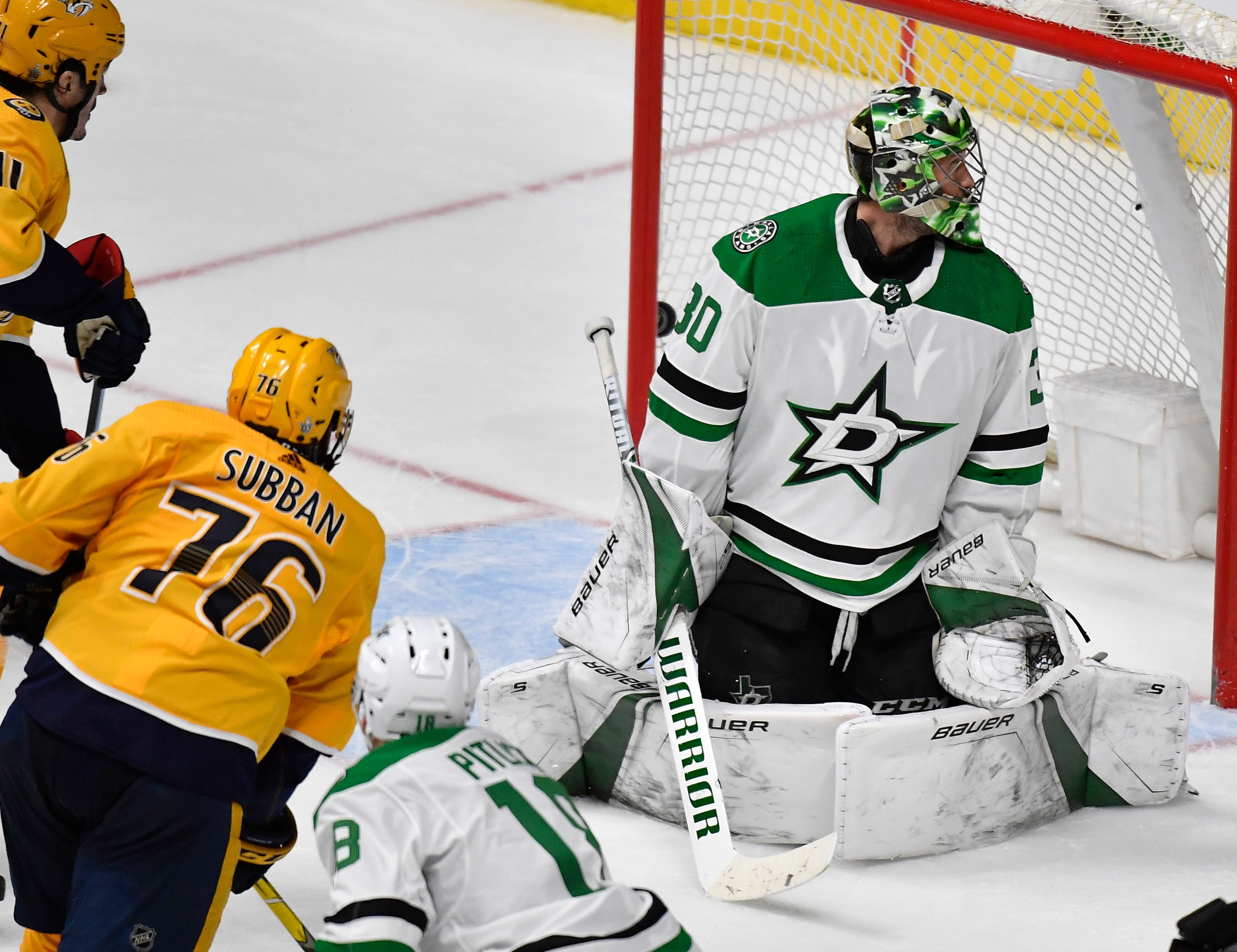 Nashville Predators defenseman P.K. Subban (76) scores on Dallas Stars goaltender Ben Bishop (30) during the third period of the divisional semifinal game at Bridgestone Arena in Nashville, Tenn., Wednesday, April 10, 2019.