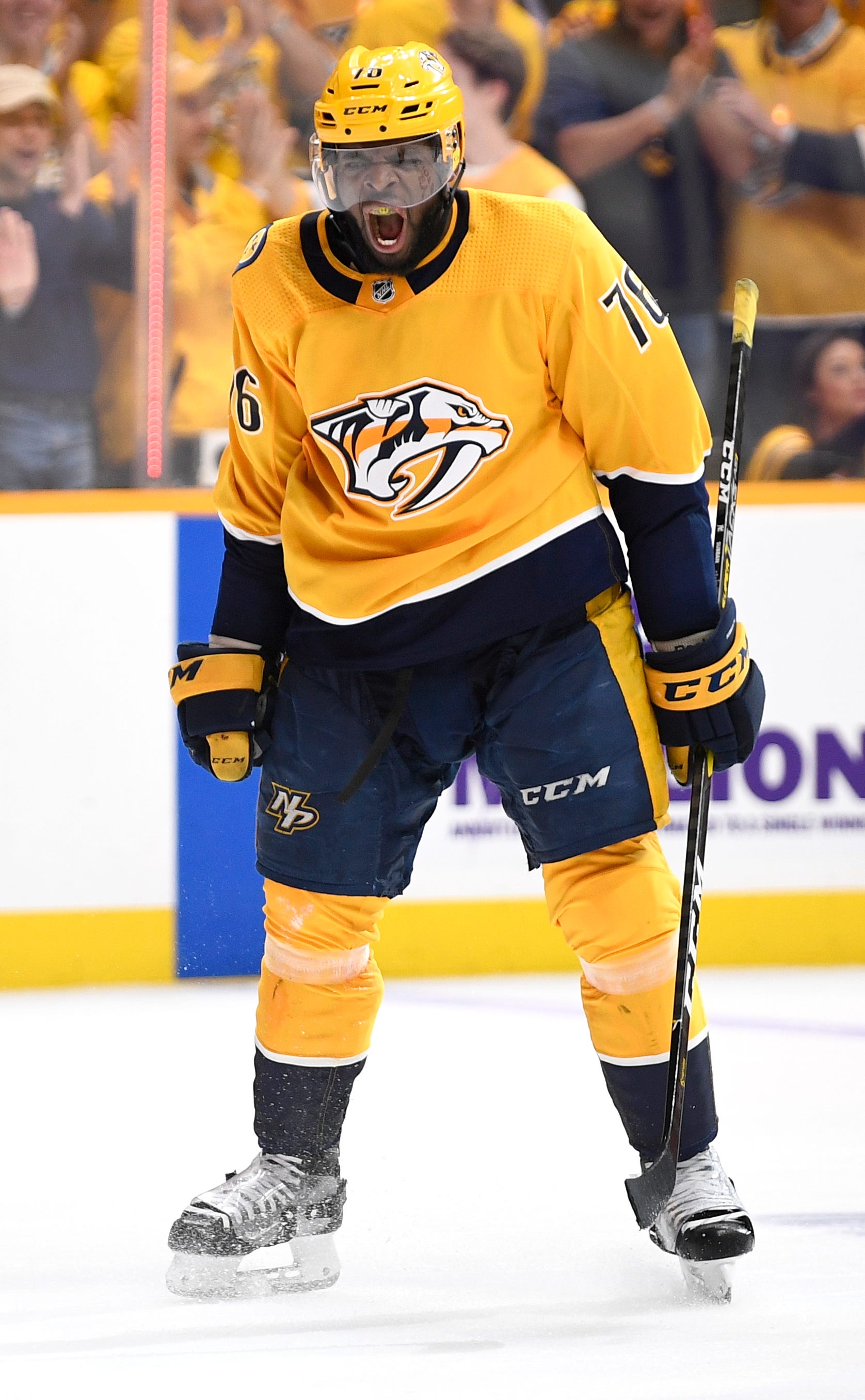 Nashville Predators defenseman P.K. Subban (76) celebrates his goal during the third period of the divisional semifinal game against the Dallas Stars at Bridgestone Arena in Nashville, Tenn., Wednesday, April 10, 2019.