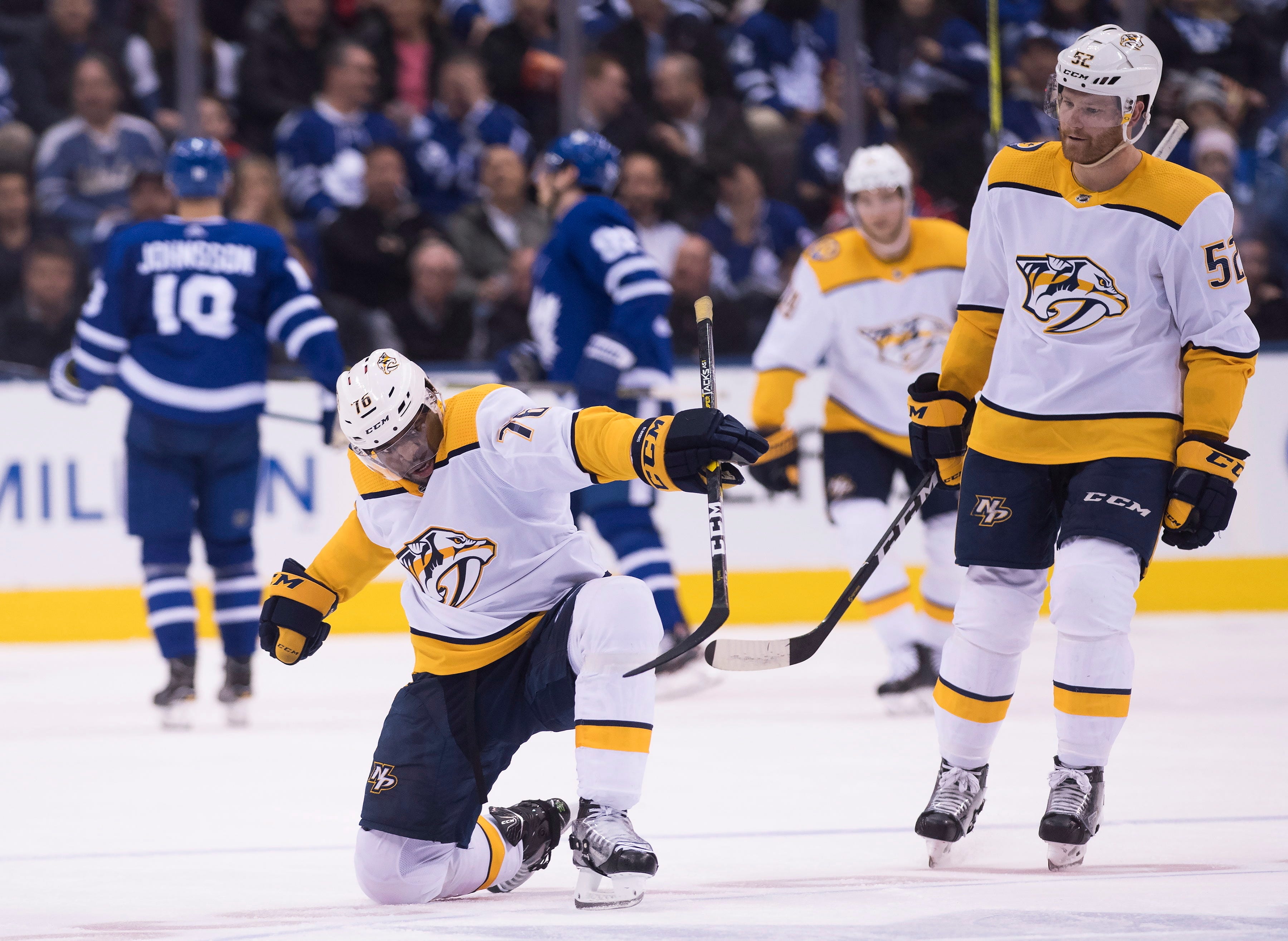 Nashville Predators defenceman P.K. Subban (76) celebrates his goal against the Toronto Maple Leafs as teammate Matt Irwin looks on during second-period NHL hockey game action in Toronto, Monday, Jan. 7, 2019.