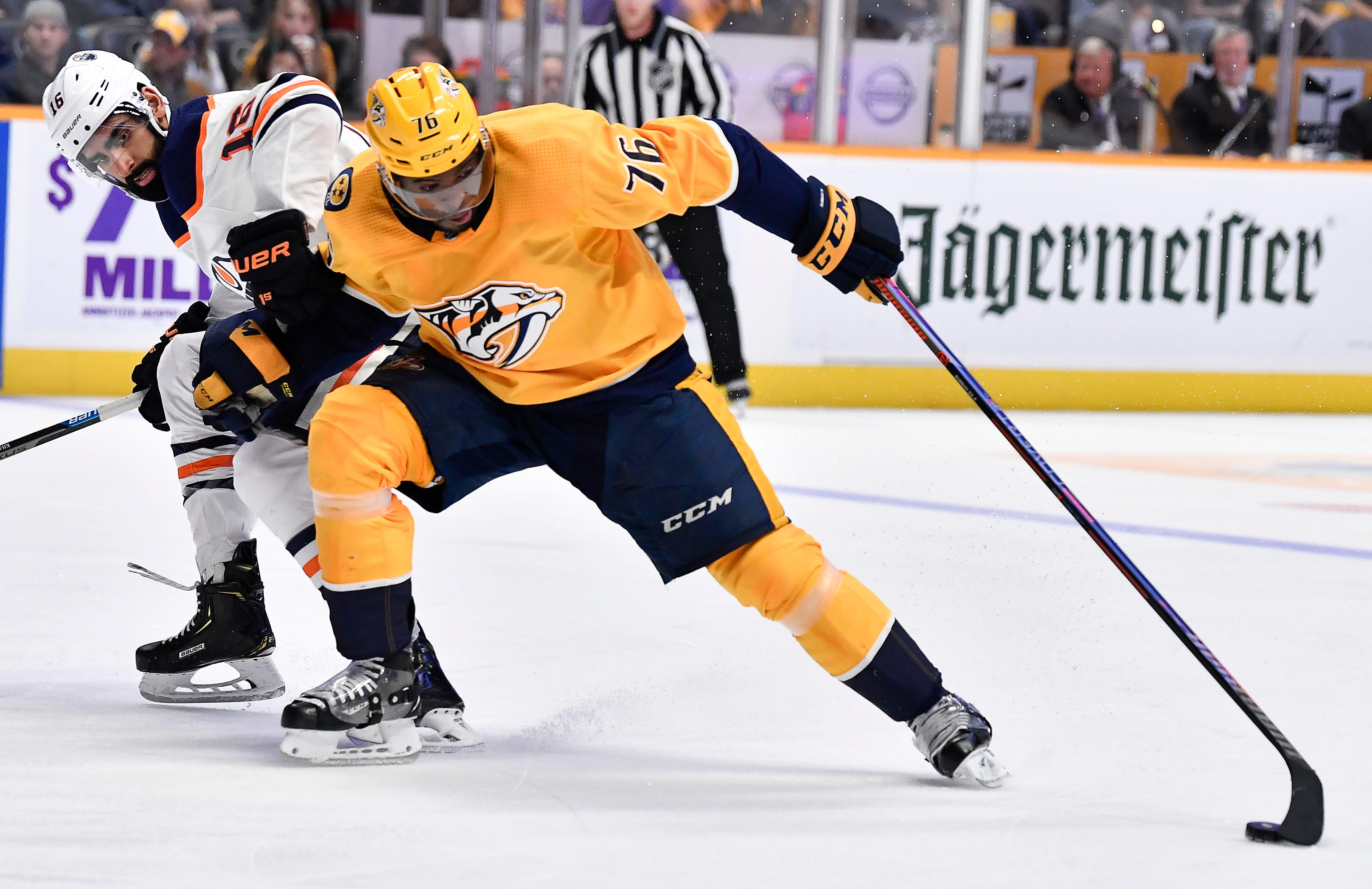 Predators defenseman P.K. Subban (76) attacks the goal past Oilers left wing Jujhar Khaira (16) during the first period at Bridgestone Arena Saturday, Oct. 27, 2018, in Nashville, Tenn.