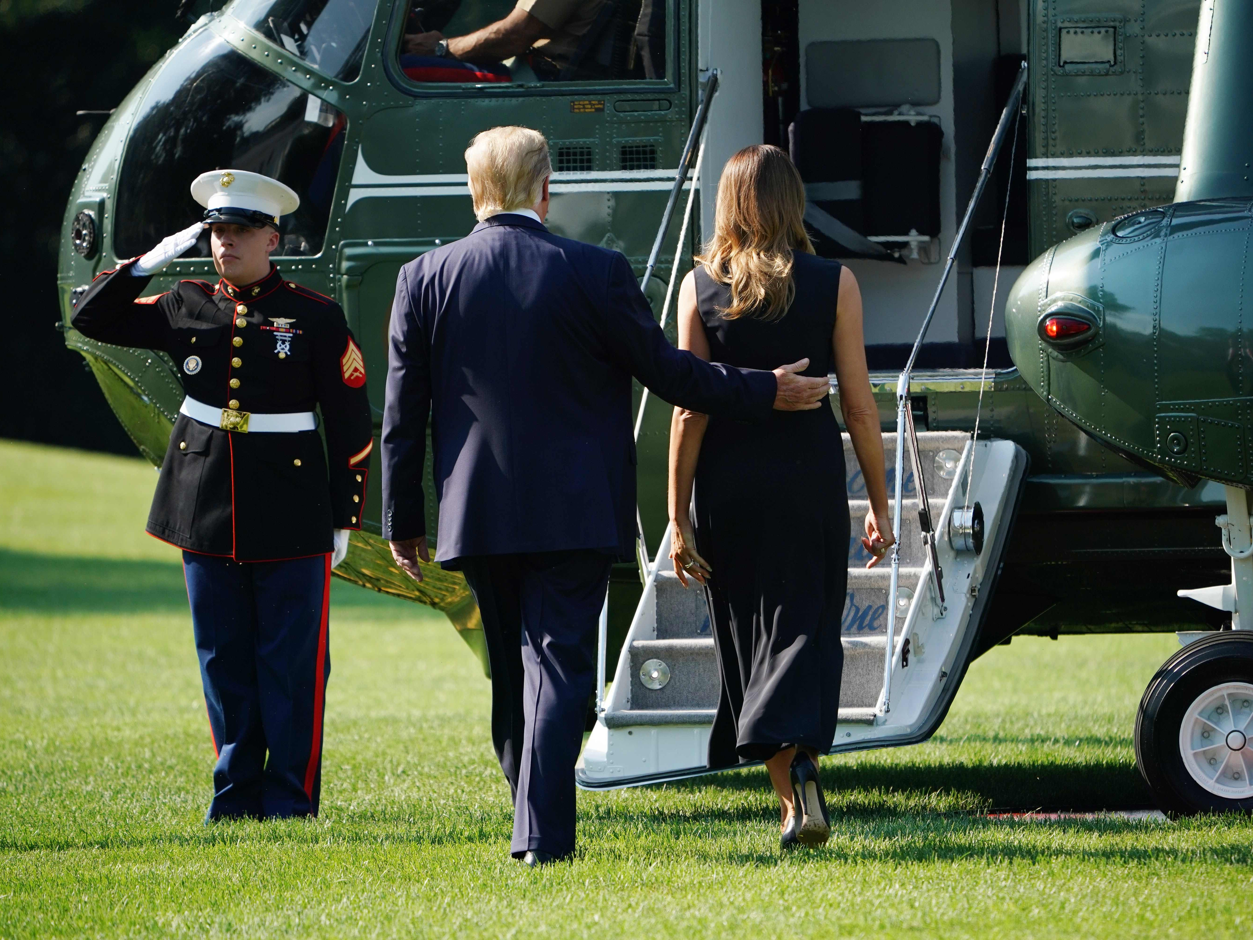 President Donald Trump, with US First Lady Melania Trump, departs the White House in Washington, DC, on August 7 2019. Trump is traveling to the mass shooting sites in Dayton, Ohio and El Paso, Texas.