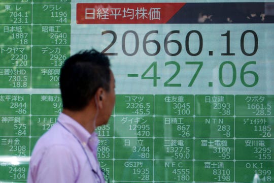 A man walks past an electronic stock board showing Japan's Nikkei 225 index at a securities firm in Tokyo Monday, Aug. 5, 2019.