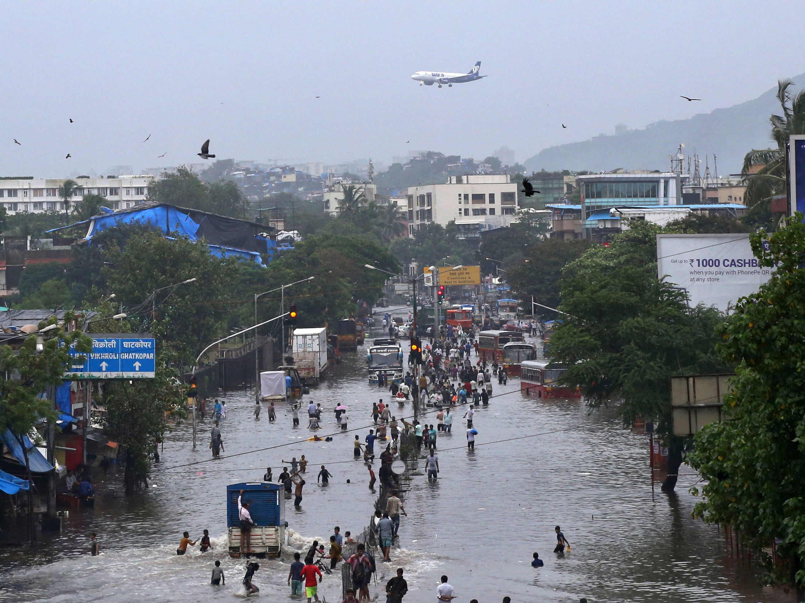 A flooded street following heavy monsoon rains in Mumbai, India. India's monsoon season runs from June to September. 