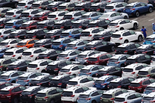 Subarus awaiting shipment at a port near Tokyo. Mr. Abe has persuaded President Trump to hold off on a decision to impose duties on Japanese cars.