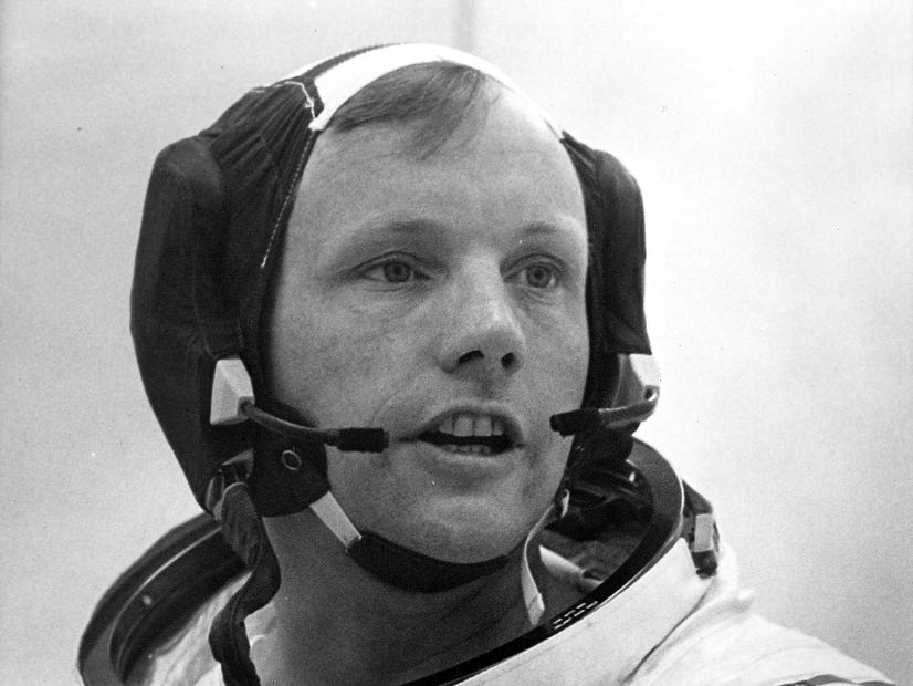 On July 16, 1969, Apollo 11 commander Neil A. Armstrong prepares to board the Saturn V space vehicle for the beginning of his mission to the Moon.