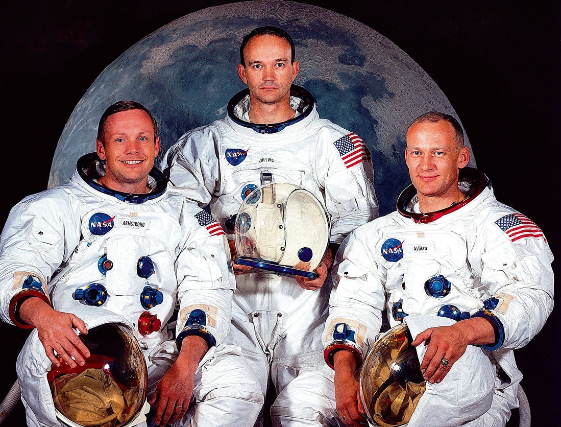 The astronaut crew of the Apollo 11 lunar landing mission. Left to right, are Neil A. Armstrong, commander; Michael Collins, command module pilot; and Edwin E. Aldrin Jr., lunar module.