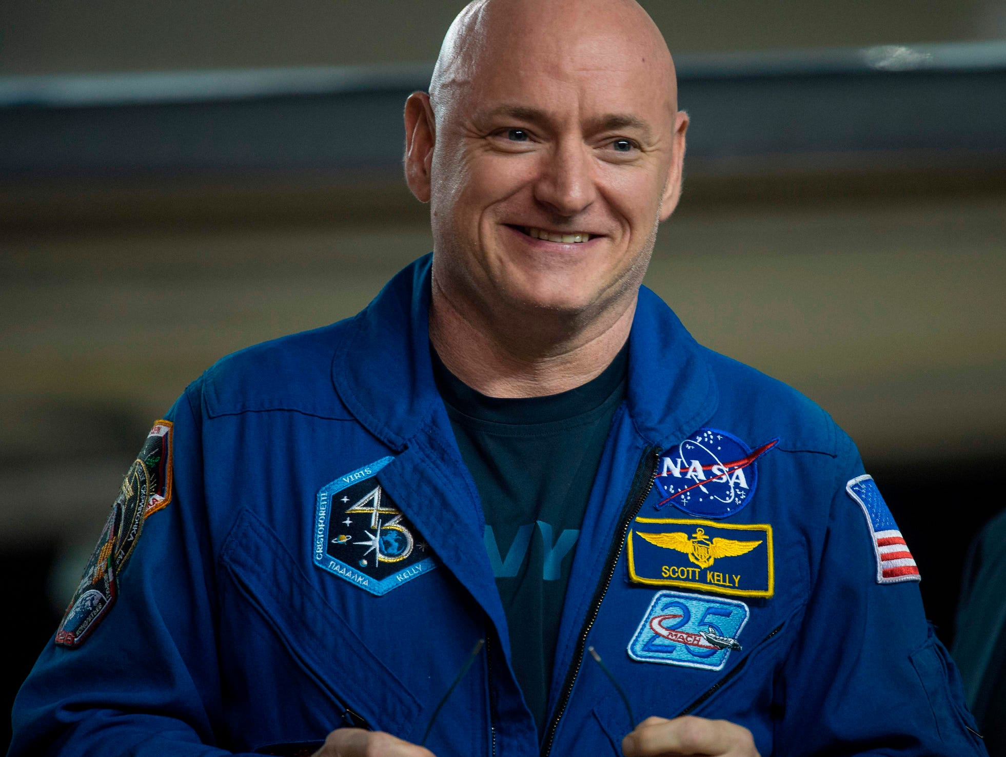 Expedition 46 Commander Scott Kelly of NASA is seen after returning to Ellington Field on March 3, 2016 in Houston, Texas after his return to Earth the previous day. Kelly is a veteran of four space flights, who commanded the International Space Station on Expeditions 26, 45, and 46.