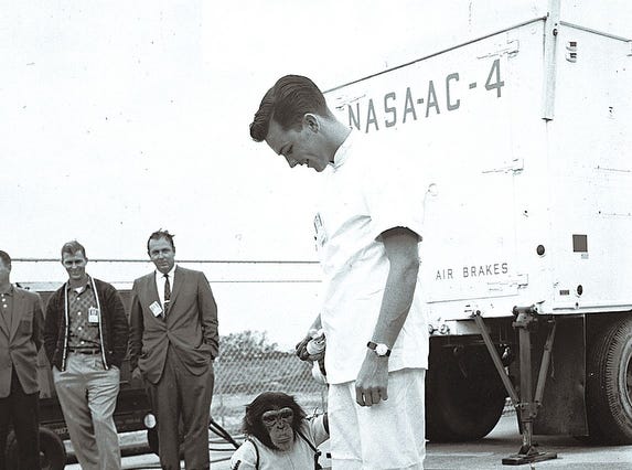 The space program quickly advanced during it's first 20 years. Human space flight initiatives-Mercury's single astronaut program (flights during 1961-1963) to ascertain if a human could survive in space were the first priority. Astronaut Alan B. Shepard stands with a three-year-old chimpanzee, named Ham, who preceded him in space with a 16' minute 39'' second sub-orbital flight performed aboard the Mercury Redstone rocket on Jan. 31, 1961. Ham's mission paved the way for the successful launch of America's first human astronaut, Alan B. Shepard, Jr., on May 5, 1961.