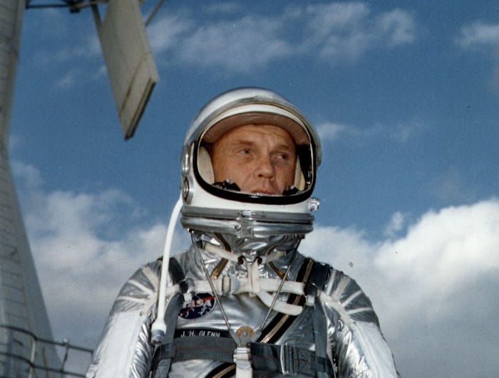 Astronaut John Glenn wearing a Mercury pressure suit during training for his Feb. 20, 1962 space flight aboard Friendship 7 in which he became the first American to orbit the Earth. Glenn, who made history twice as the first American to orbit the Earth and the first senior citizen to venture into space.