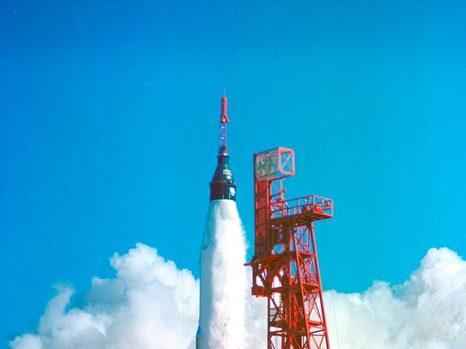 John Glenn's Friendship 7 spacecraft launches on a Mercury-Atlas rocket on Feb. 20, 1962.