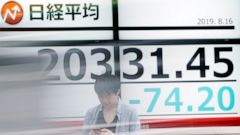 A man stands as a car goes by an electronic stock board showing Japan's Nikkei 225 index at a securities firm in Tokyo Friday, Aug. 16, 2019. Asian shares were mixed Friday as turbulence continued on global markets amid ongoing worries about U.S.-Chi