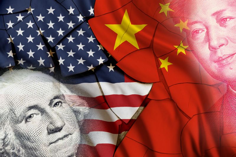 Serious trade tension or trade war between US and China, financial concept : Flags of USA and China with faces of Gorge Washington and Mao Zedong, depicts trade deficit between Washington and Beijing.