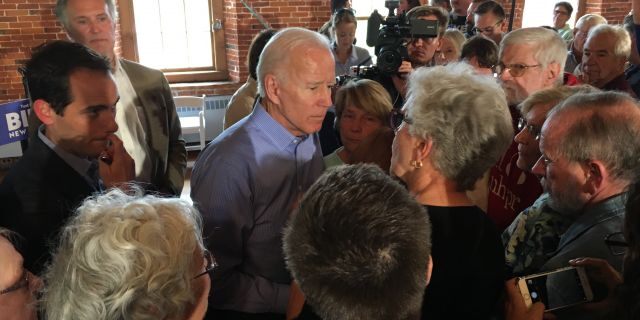 Former Vice President Joe Biden speaks with voters after holding a town hall in Laconia, N.H. on Friday.