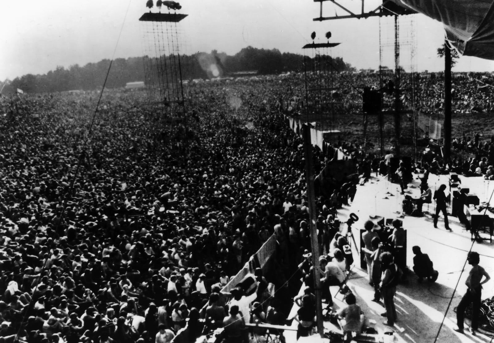 AUGUT 16, 1969: The film crew, musicians, stage hands and part of the thousands of young people who gathered for the legendary event Woodstock concert event in Bethel, N.Y.