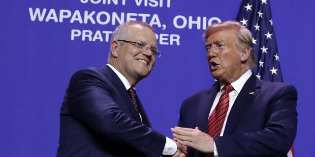 President Trump and Australian Prime Minister Scott Morrison shaking hands at Pratt Industries on Sunday in Wapakoneta, Ohio. 