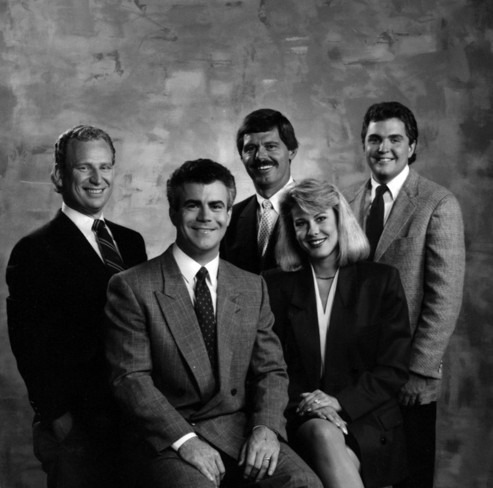 1988: Rob Braun (front left) poses with Channel 12's new anchor team for fall 1988: Co-anchor Debra Silberstein and (back row from left) sports anchors Donn Burrows and Ken Anderson and new meteorologist Tim Hedrick. From the Enquirer archives scanned April 8, 2013