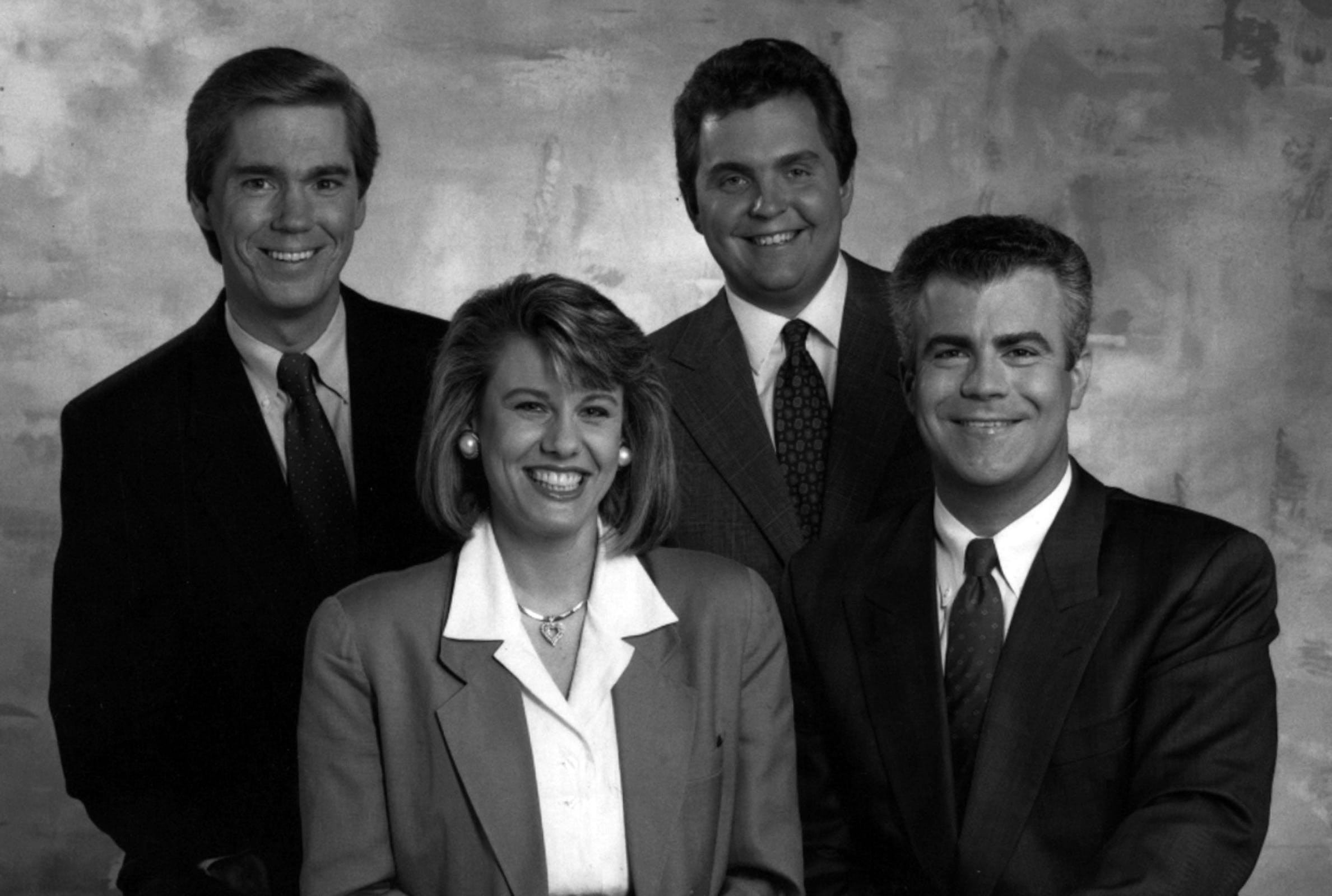 JULY 1990: Deb Silberstein, who was Rob Braun's main co-anchor from 1988 to1991, poses with Channel 12's new anchor team from fall 1990: Braun, Ken Broo (back left) and Tim Hedrick. From the Enquirer archives scanned April 8, 2013 FROM A APRIL 2013 CAPTION: New 1990 WKRC anchor team, Rob Braun and Debra Silberstein (1988-91), Ken Broo sports (1990-96), Tim Hedrick weather (1988-present).