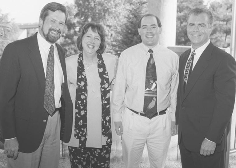 Text: Social-Tempo-6/26/96: Easter Seals from left to right, Steve Gammeter, Gail Anderson, Chris Maccarthy, Rob Braun.