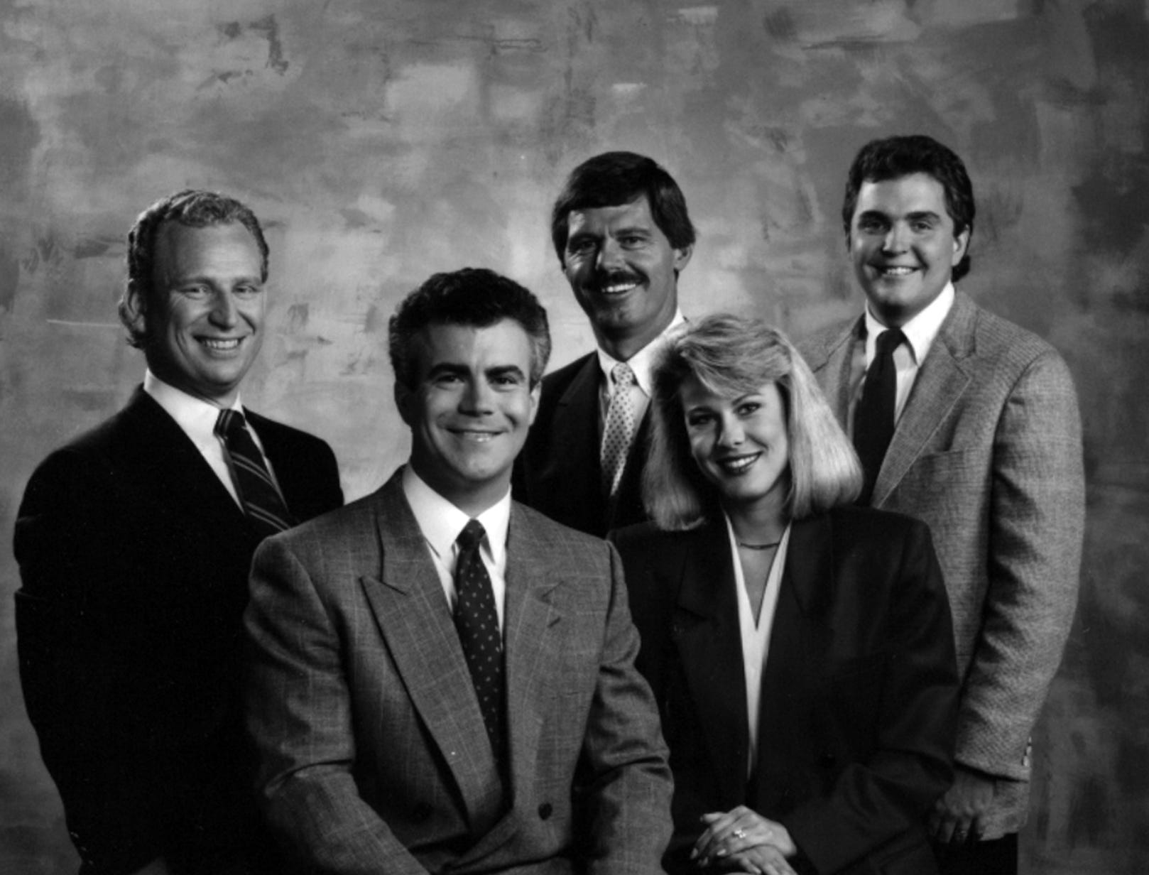 Rob Braun (front left) poses with Channel 12&#39;s new anchor team for fall 1988: Co-anchor Debra Silberstein and (back row from left) sports anchors Donn Burrows and Ken Anderson and new meteorologist Tim Hedrick.&nbsp;