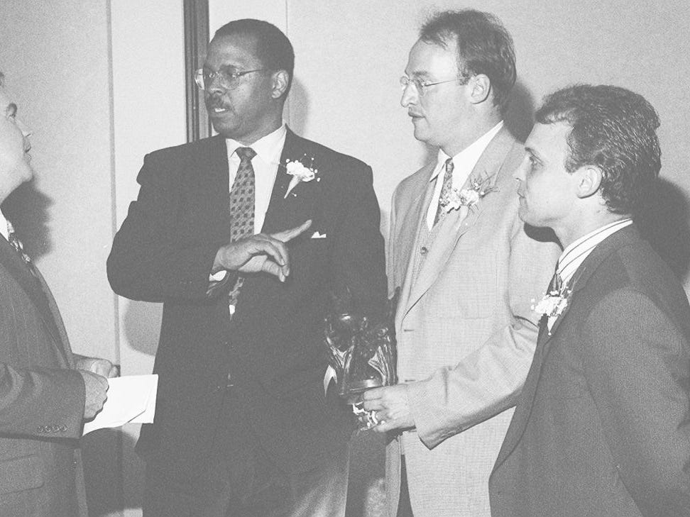 At the Common Ground Ministries banquet, May 23, 1996 &ndash; from left: Rob Braun, J. Kenneth Blackwell, Monty Lobb and Dennis Dalton.