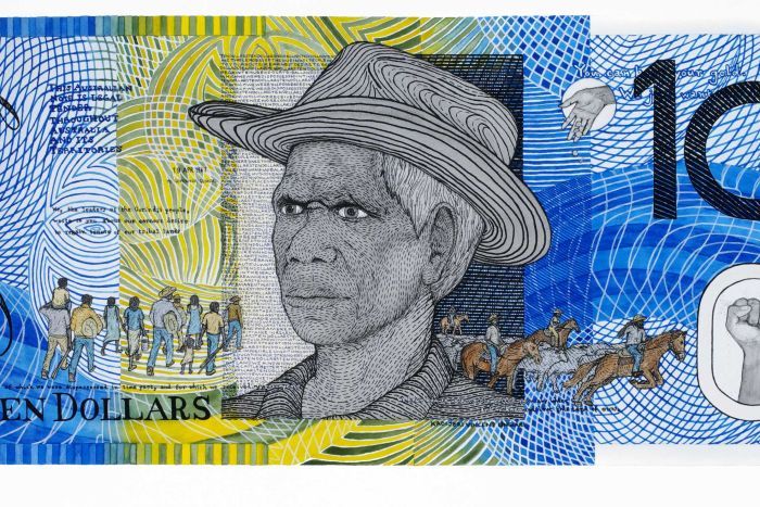 The blue ten dollar note reimagines with Aboriginal freedom fighter Vincent Lingiari and other detailed iconography