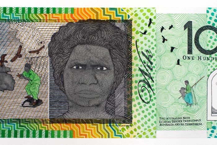 The green Australian $100 with a portrait of Gladys Tydbingoompa and rich, detailed iconography