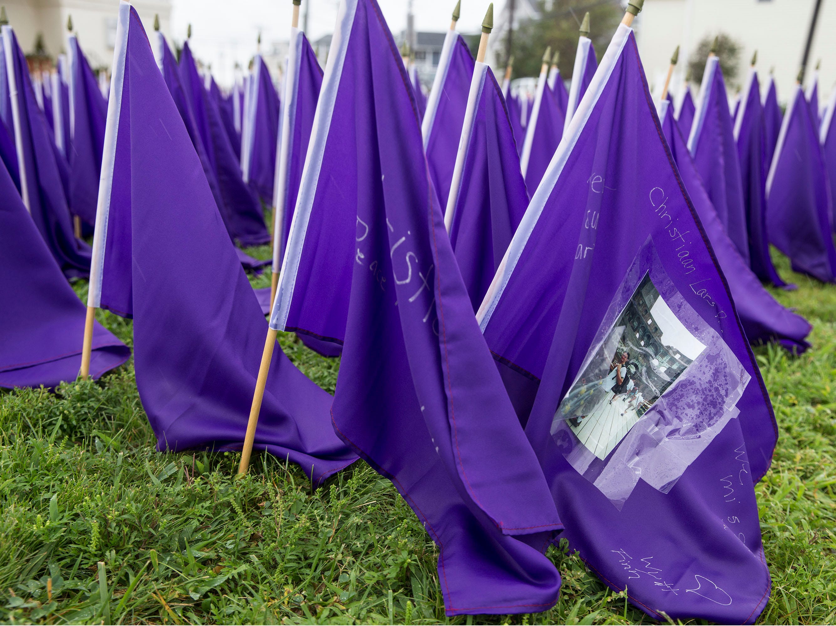 A sea of purple flags along the front lawn of Our Lady Star of the Sea represents the lives lost to opioid overdose in the state of New Jersey. As of today, International Overdose Awareness Day, which occurs every August 31, New Jersey has lost 1,970 lives. Manasquan, NJ Friday, August 31, 2018 