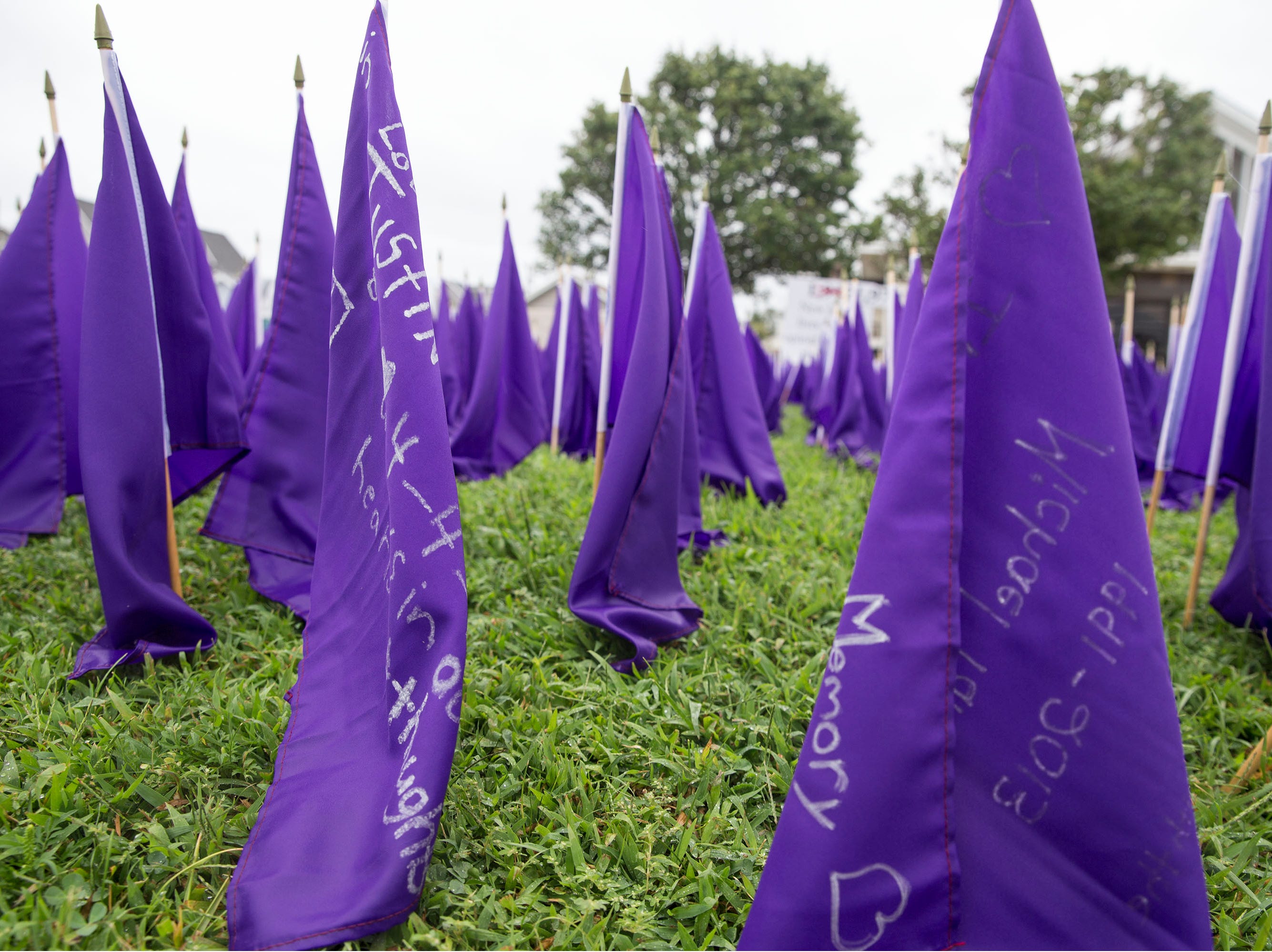 A sea of purple flags along the front lawn of Our Lady Star of the Sea represents the lives lost to opioid overdose in the state of New Jersey. Manasquan, NJ Friday, August 31, 2018