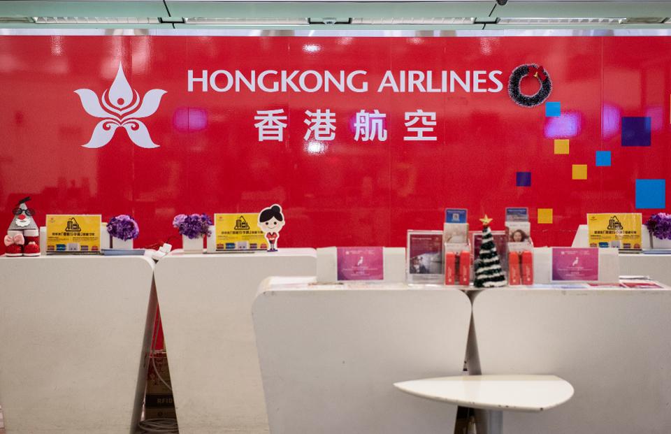 An empty Hong Kong Airlines desk seen at Hong Kong...