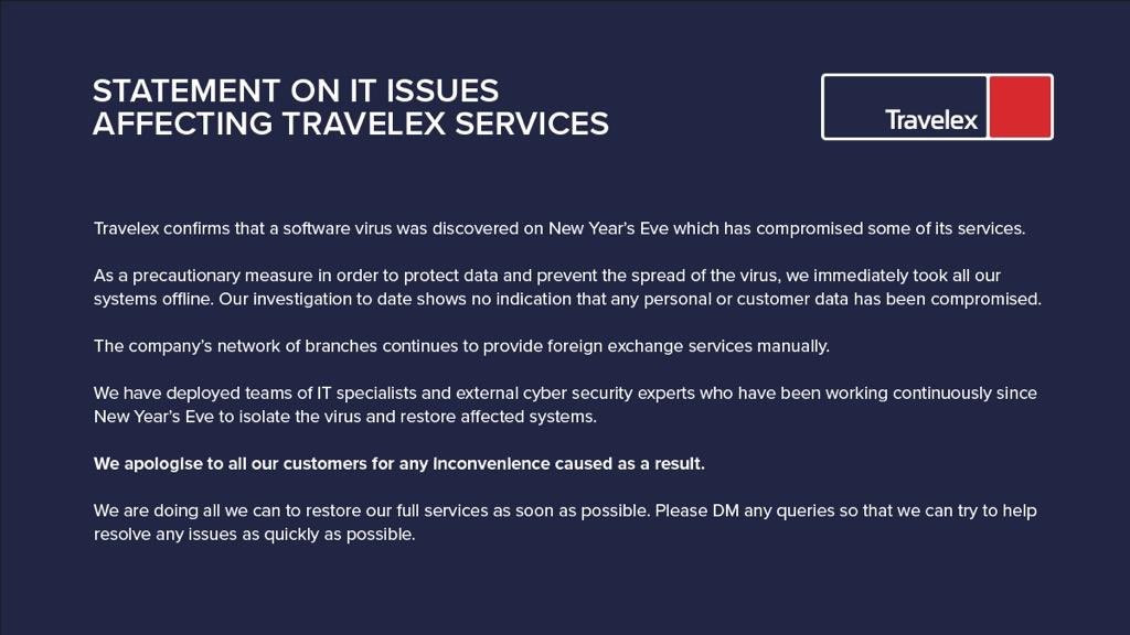  Travelex posted a statement on Twitter explaining the outage