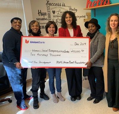 Left to right: Keli “Angel” Burns, WSEC participant and new business owner; Darcelle Lahr, Executive Director, L.C. and Lillie Cox Haven of Hope;Trina Villanueva, Director, Corporate Social Responsibility Officer, MUFG Union Bank; Mercedes Gibson, Economic Equity Strategist, The Greenlining Institute; Kimari Williams, Program Manager, WSEC; Marisa Raya, Urban Economic Analyst/Special Projects, City of Oakland