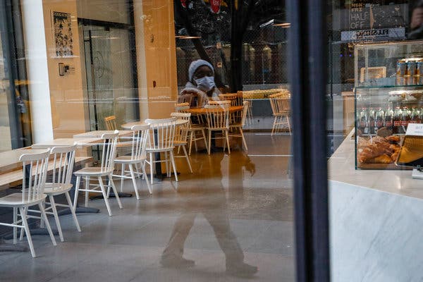 An empty restaurant near Grand Central Terminal in New York on Monday. Eating out is one type of spending sure to drop sharply as communities struggle to reduce the spread of coronavirus.