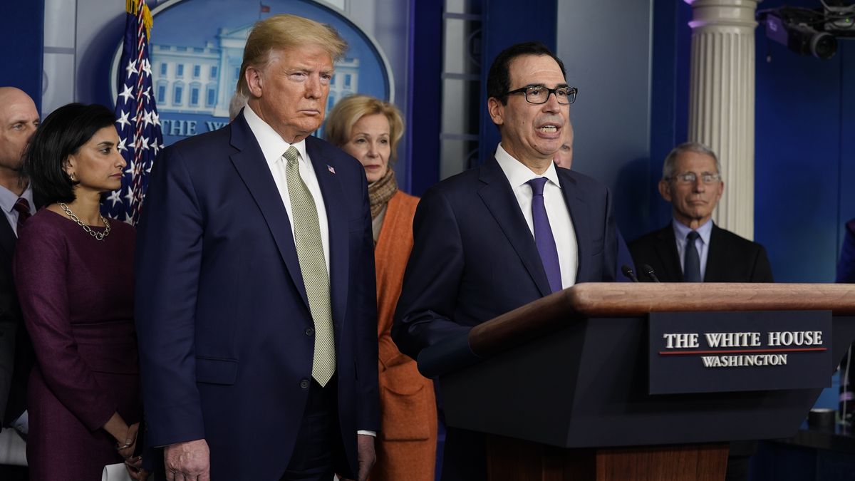 Treasury Secretary Steven Mnuchin speaks during a press briefing with the coronavirus task force, at the White House, Tuesday, March 17, 2020, in Washington, as President Donald Trump looks on. (AP Photo/Evan Vucci)