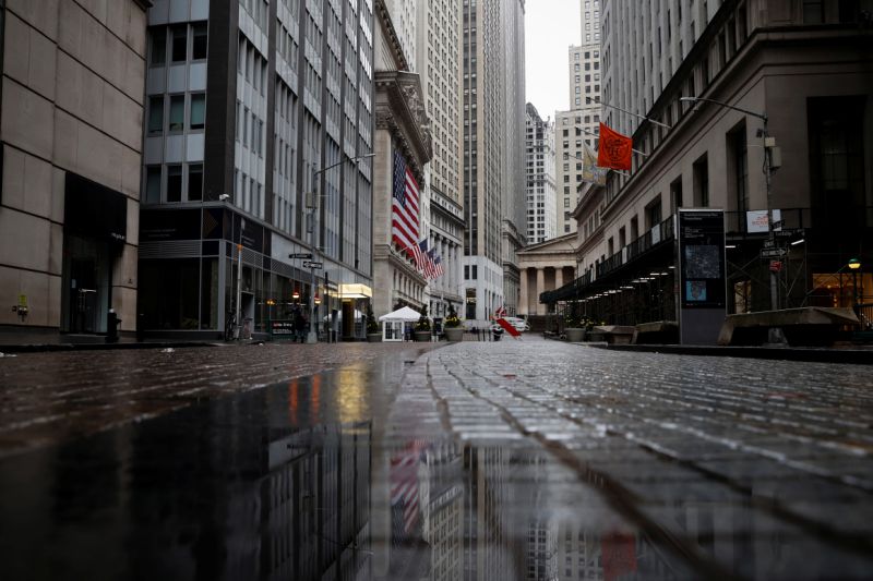 A view of a nearly deserted Broad street and the New York Stock Exchange building in the financial district of lower Manhattan during the outbreak of the coronavirus disease (COVID-19) in New York City, New York, U.S., April 3, 2020. REUTERS/Mike Segar