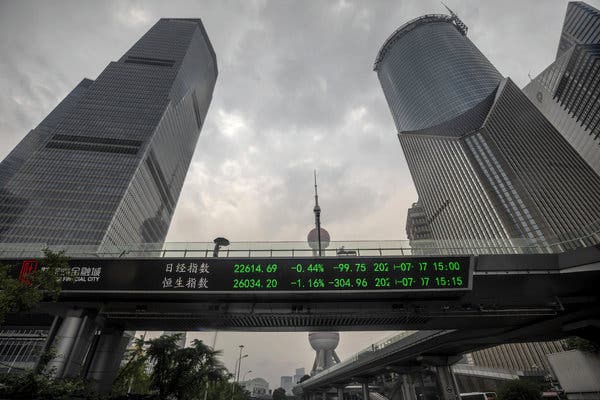 Markets in Shanghai, home to this pedestrian bridge displaying stock prices, and Shenzhen have surged.