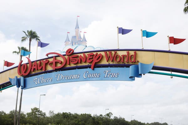 A view of the Walt Disney World theme park entrance on July 8, 2020 in Lake Buena Vista, Florida. T