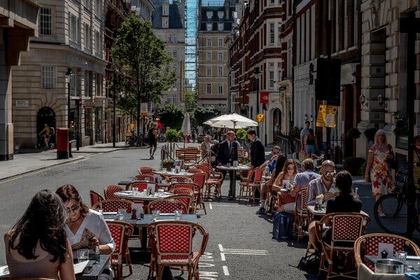 Outdoor seating at a restaurant in Covent Garden, London. Restaurants have been buoyed by a government stimulus program, but that program will soon end.