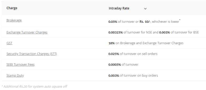 Intraday trading charges; Source: Paytm Money