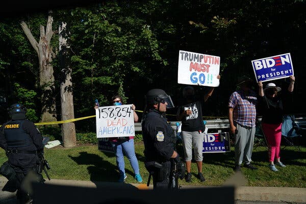 Protesters on Thursday in Clyde. Several polls in Ohio have shown the presumptive Democratic presidential nominee, former Vice President Joseph R. Biden Jr., running close to Mr. Trump.