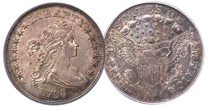 1798 Draped Bust dollar (B-27, BB-113), Ex: Eliasberg graded MS64 PCGS. Image: Heritage Auctions.