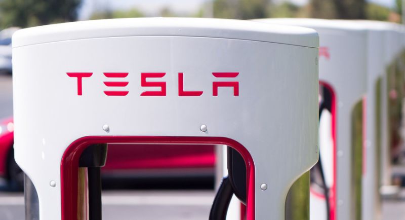 A Tesla logo on a vehicle charger. 