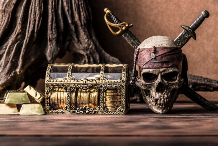 Skull and crossed swords next to gold coins and bars.