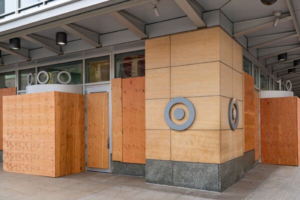 Target’s boarded-up headquarters in Minneapolis last month. The company said last week that employees there would continue to work at home through June 2021.