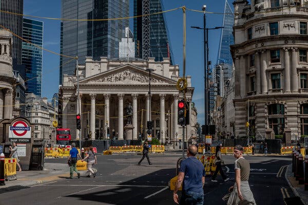 London’s financial district. The British economy grew far less than expected in August.  